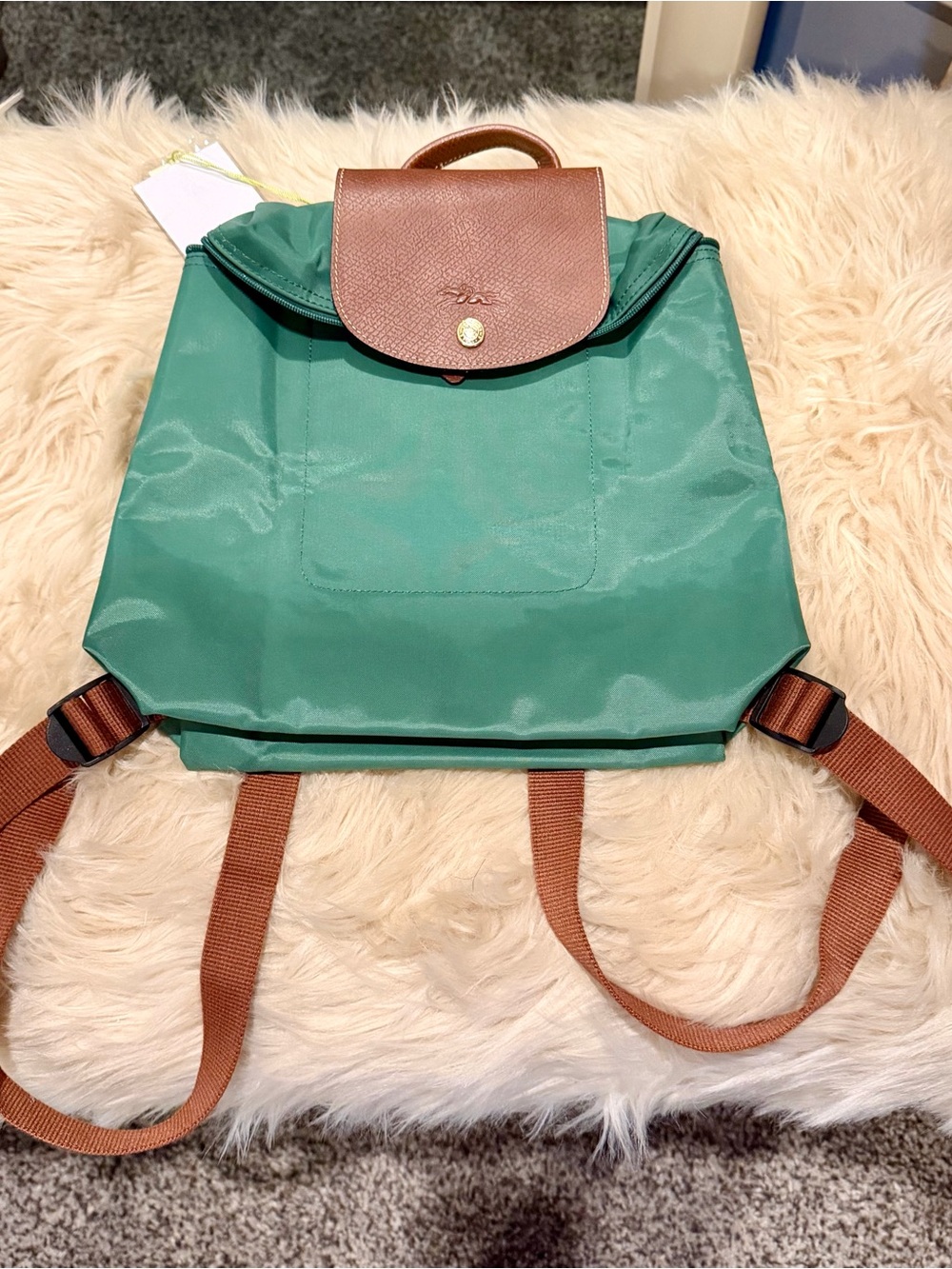 Longchamp Green Nylon Backpack with Brown Leather Trim